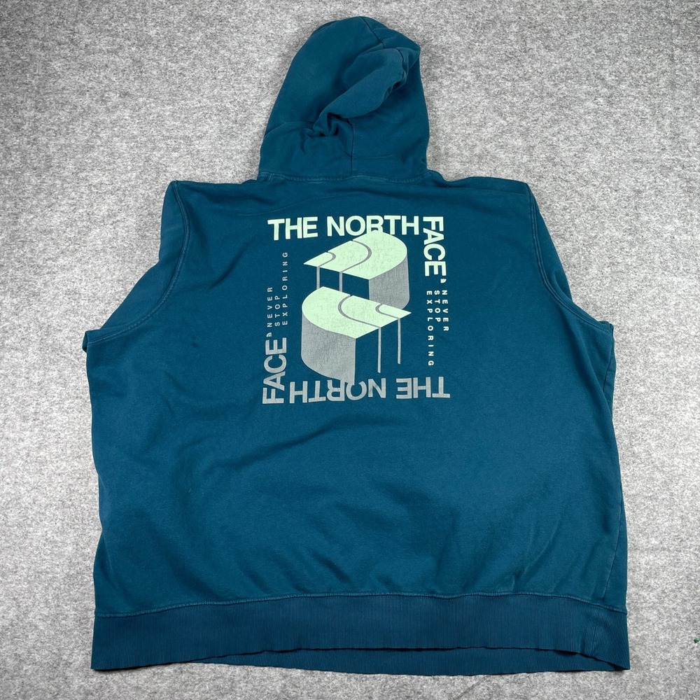 The North Face Hoodie Mens 4XL Blue Circular Design Never Stop Exploring Hoodie